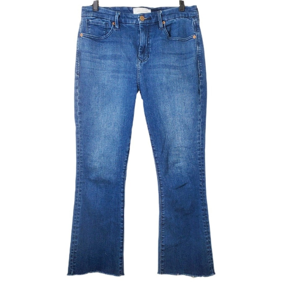 Dear John Jeanne Flare High Rise Raw Hem Jeans Blue Stretch Denim Size 29